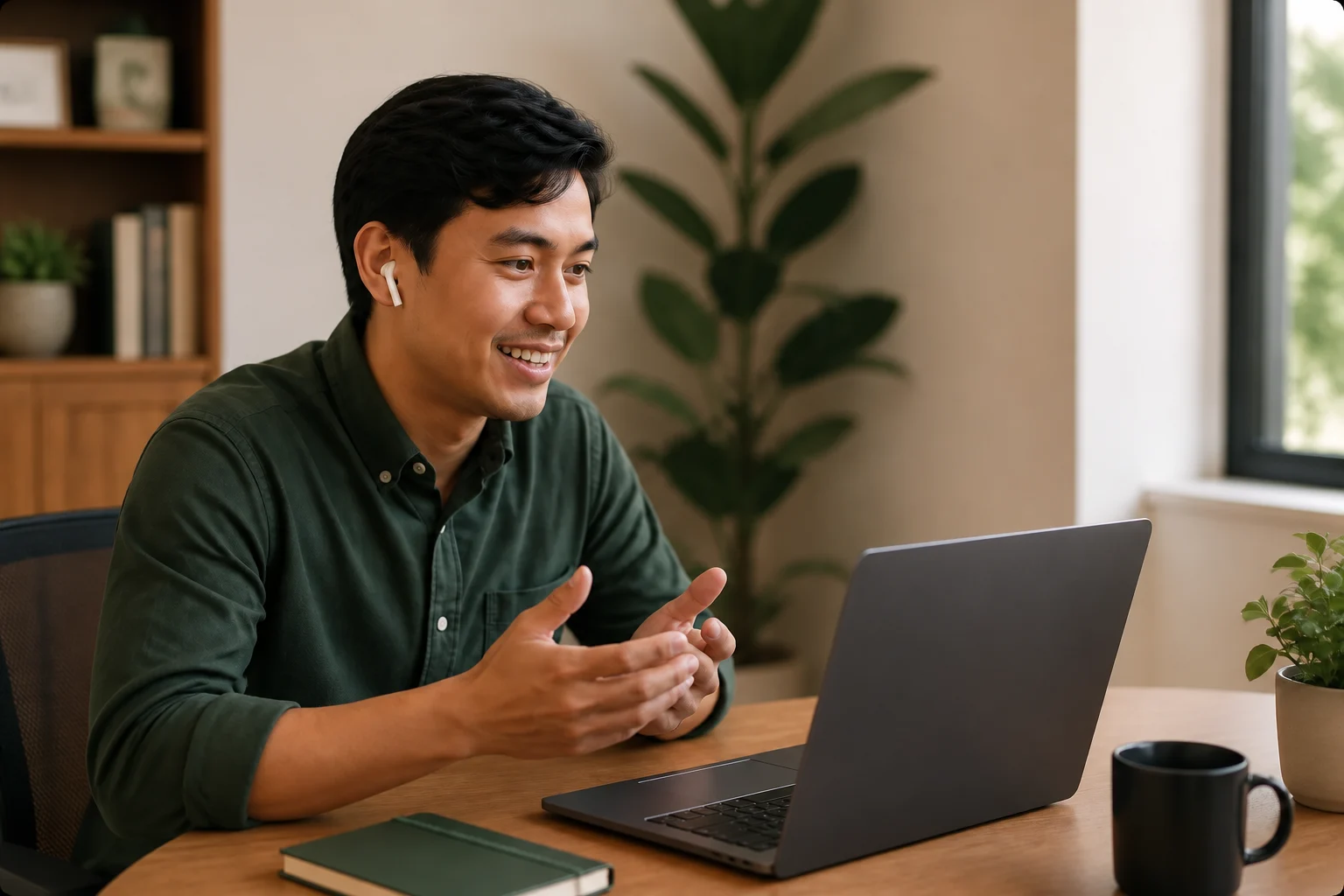 Indonesian remote professional collaborating with an overseas colleague