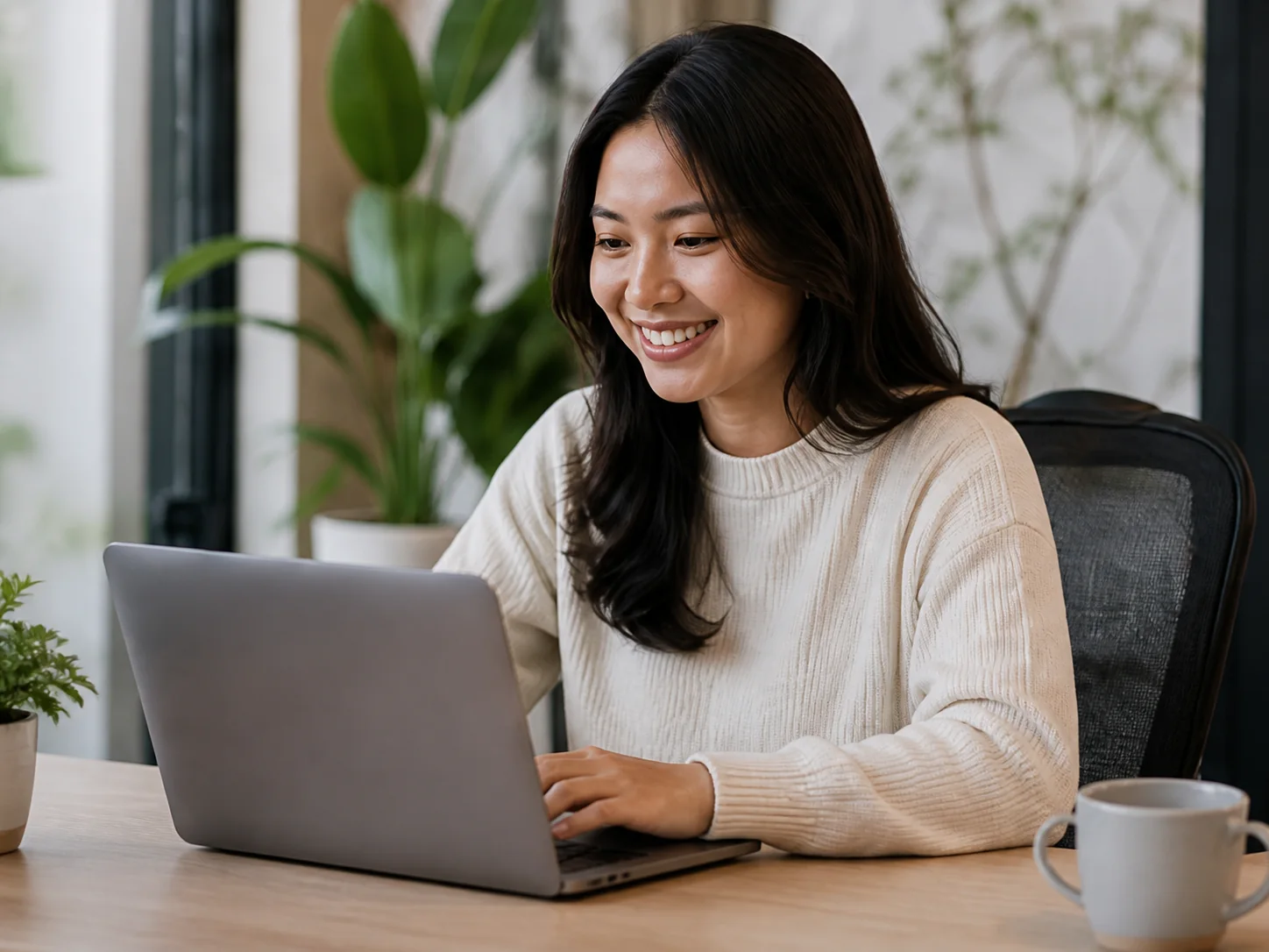 Indonesian professional working from her home office